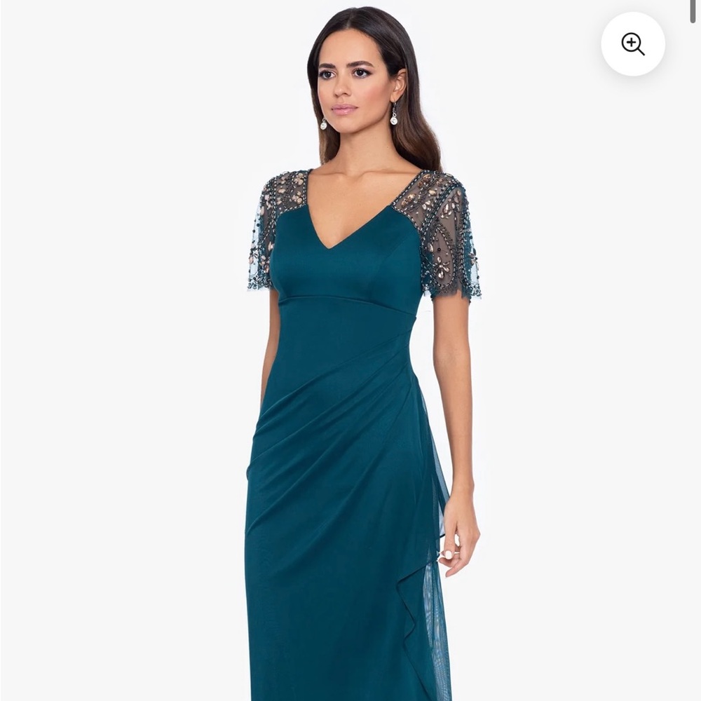 LANA" LONG V-NECK BEADED FLUTTER SLEEVE DRESS